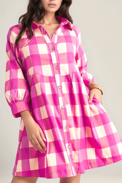 Ruched Plaid Three-Quarter Sleeve Shirt Dress