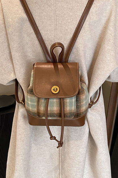 PU Leather Drawstring Plaid Backpack Bag