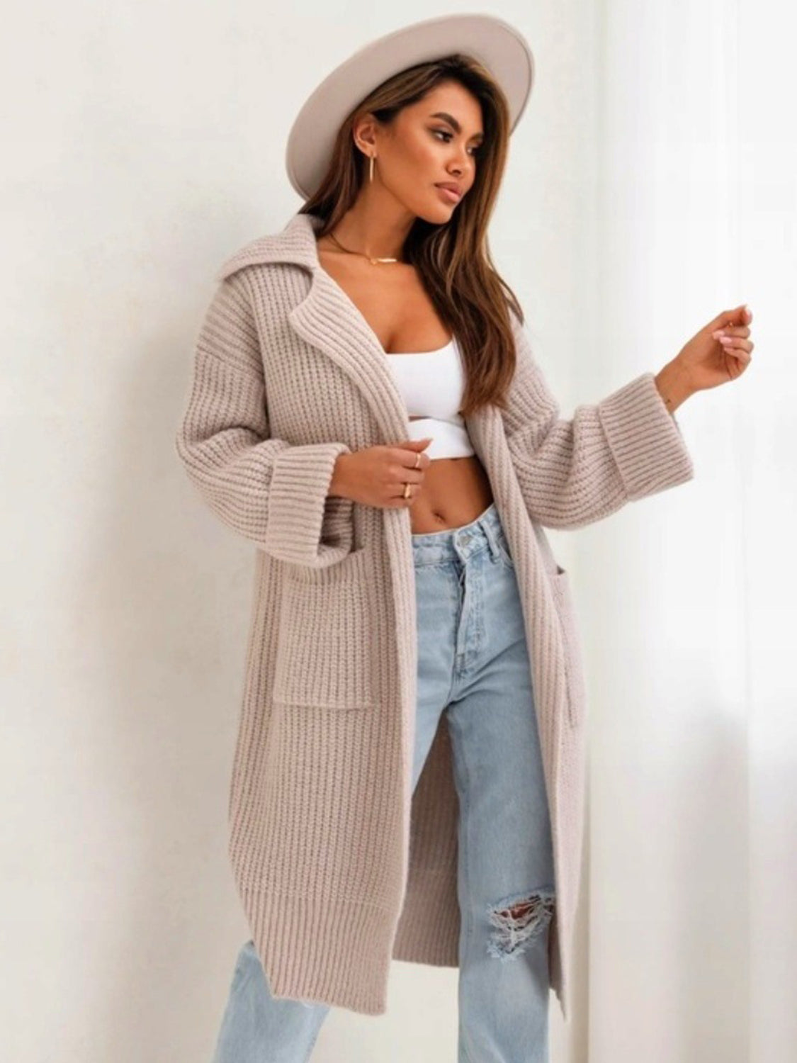 Pocketed Collared Neck Dropped Shoulder Cardigan