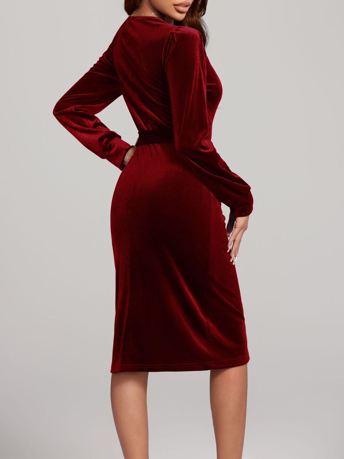 Round Neck Tie Waist Long Sleeve Velvet Dress