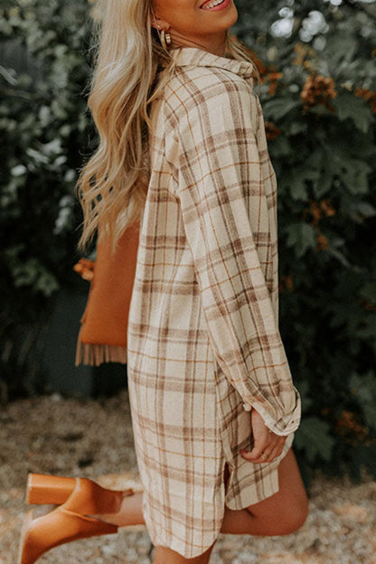 Plaid Collared Neck Long Sleeve Mini Shirt Dress