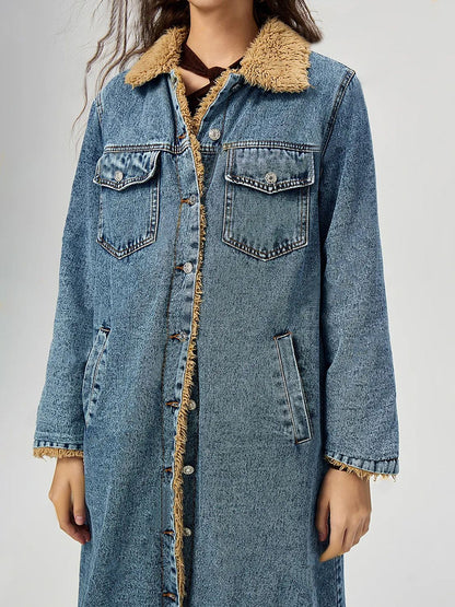 Pocketed Button Up Denim Jacket with Fur Lining