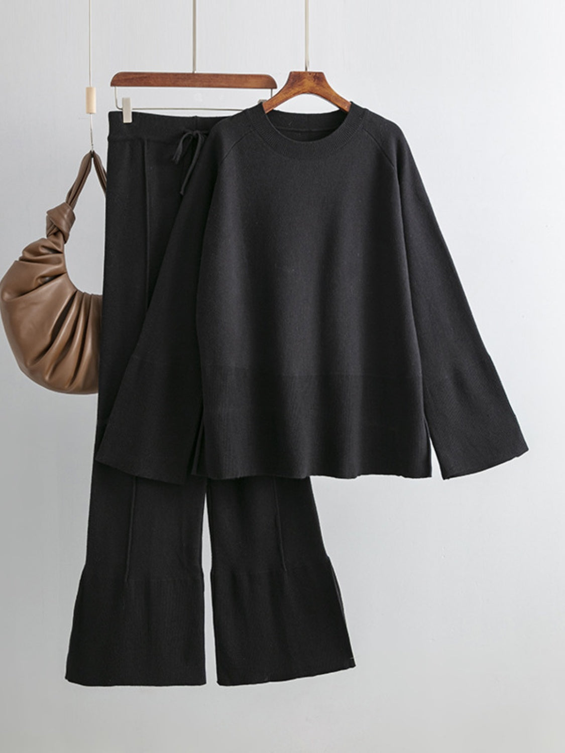 Basic Bae Slit Round Neck Long Sleeve Top and Drawstring Pants Sweater Set