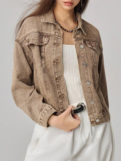 Pocketed Collared Neck Denim Jacket