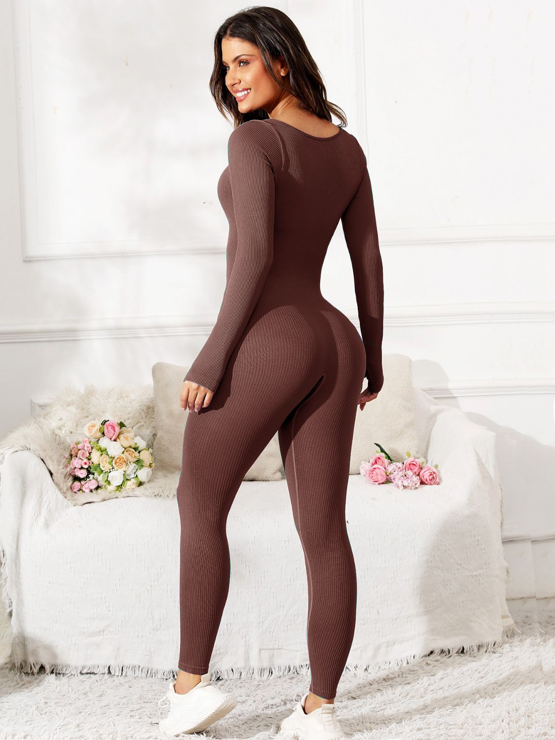 Scoop Neck Long Sleeve Active Jumpsuit