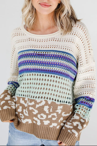 Leopard Striped Round Neck Crochet Knit Top