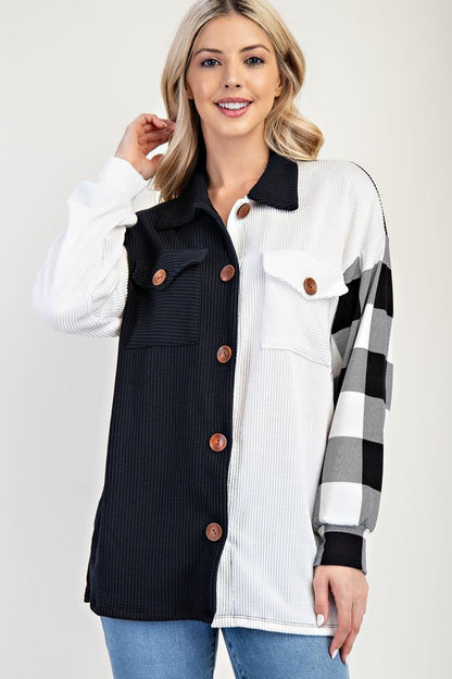 Celeste Full Size Plaid Contrast Button Up Shacket