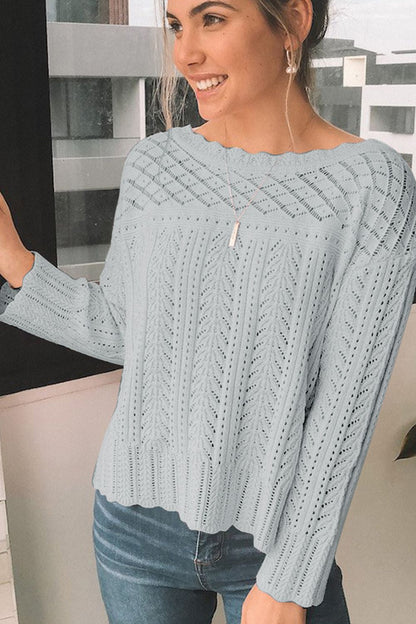 Openwork Round Neck Long Sleeve Knit Top