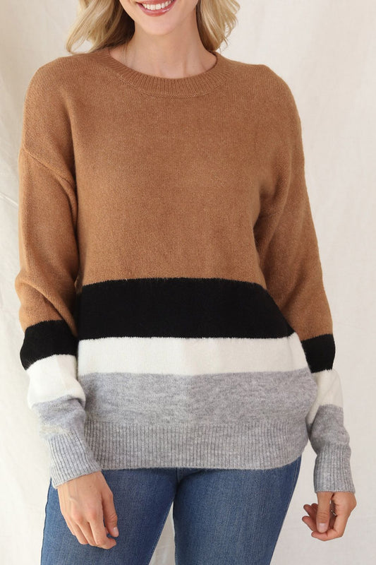 Color Block Round Neck Dropped Shoulder Sweater