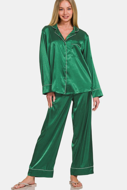 Zenana Satin Long Sleeve Shirt and Pants Pajama Set